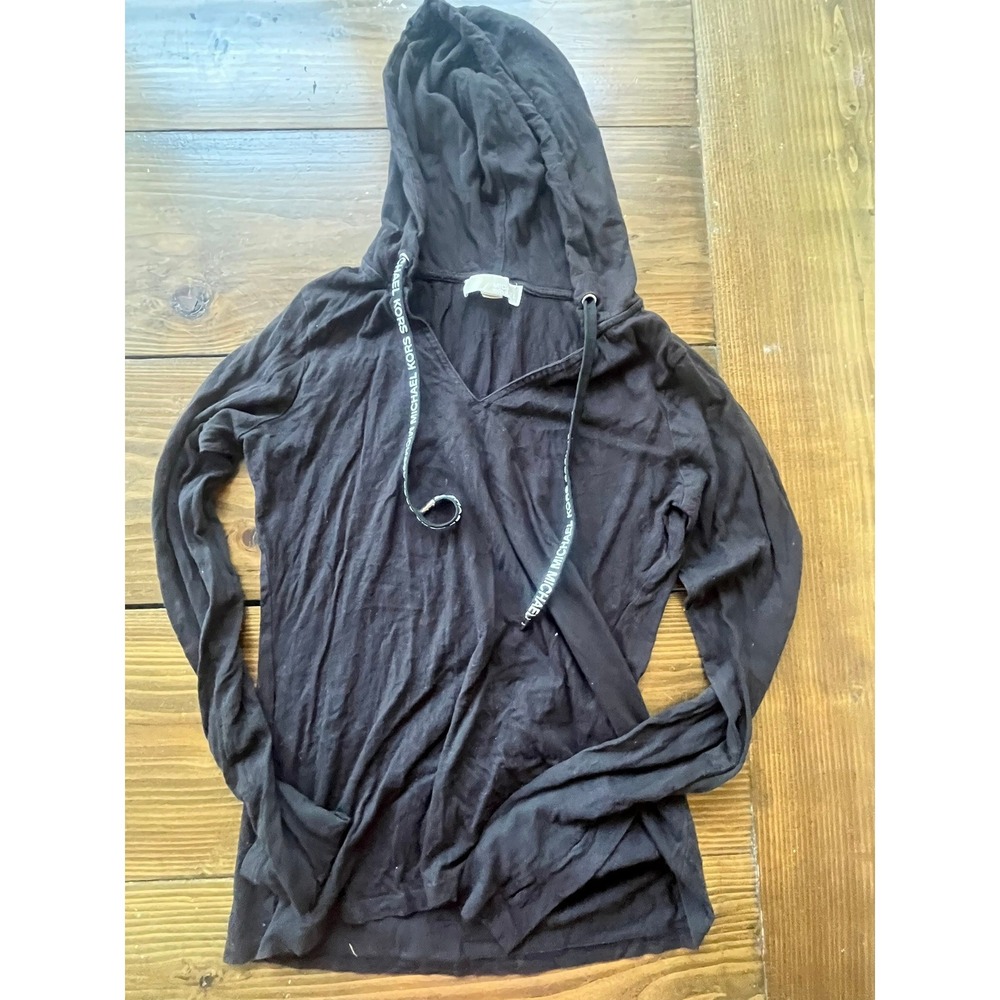 Michael Kors Womens Black Long Sleeve V-Neck Hoodie Logo Drawstring Small